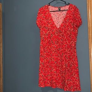 Floral red and yellow v neck knee length dress